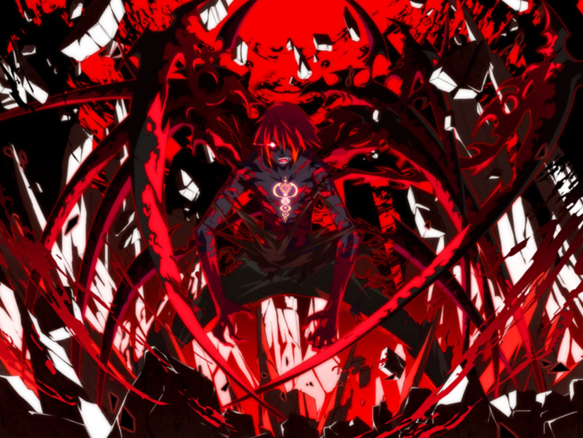 1boy angry black_skin caduceus dark_persona dies_irae fujii_ren g_yuusuke game_cg glowing glowing_eyes hair_over_one_eye highres red red_eyes redhead rubble scythe solo tattoo teeth topless torn_clothes