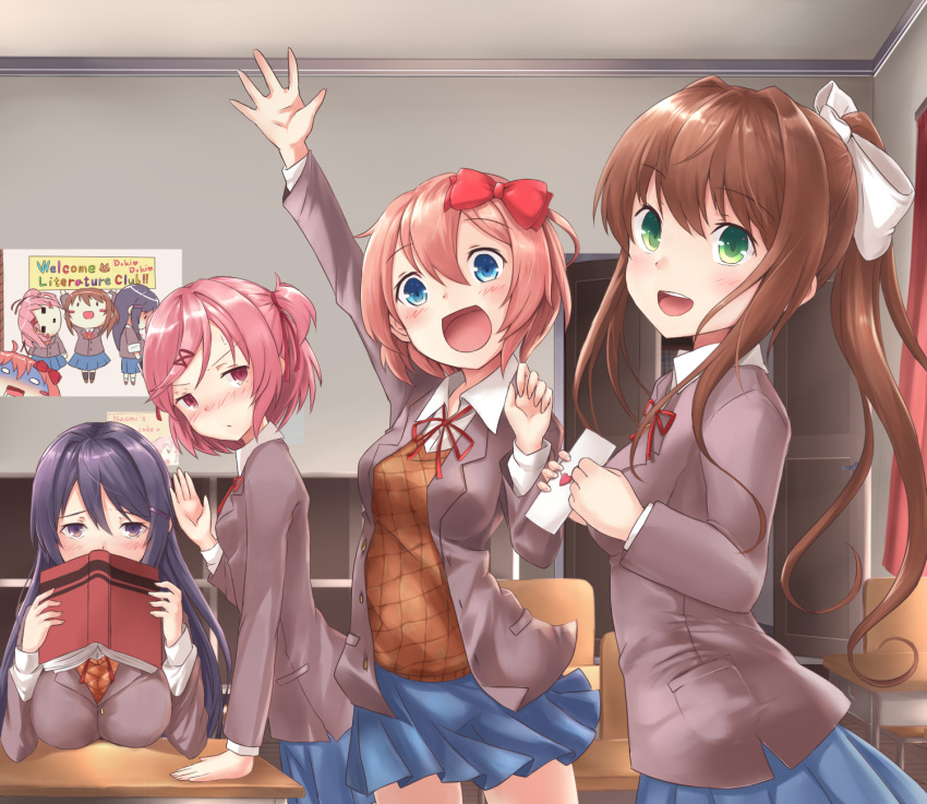 4girls :d arm_up blue_eyes blue_skirt blush book bow brown_hair classroom commentary doki_doki_literature_club eyebrows_visible_through_hair green_eyes hair_between_eyes hair_bow hair_ornament hair_ribbon hairclip highres indoors jacket kuro_(baseball0000) letter long_hair looking_at_viewer monika_(doki_doki_literature_club) multiple_girls natsuki_(doki_doki_literature_club) open_clothes open_jacket open_mouth pink_hair ponytail poster_(object) purple_hair red_bow red_ribbon ribbon sayori_(doki_doki_literature_club) school_uniform skirt smile spoilers two_side_up violet_eyes white_ribbon yuri_(doki_doki_literature_club)