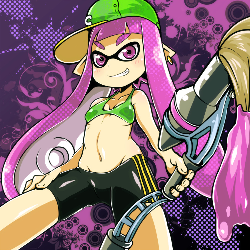 1girl bare_arms bare_shoulders baseball_cap bike_shorts bikini_top black_shorts blush breasts cleavage collarbone domino_mask eyebrows fingernails green_bikini_top green_hat grin groin hand_on_own_thigh hat highres inkling jewelry legs_apart long_hair mask midriff navel paint pointy_ears purple_hair shorts single_earring small_breasts smile solo splatoon splatoon_1 standing stomach teeth tentacle_hair tom_(drpow) under_boob v-shaped_eyebrows violet_eyes