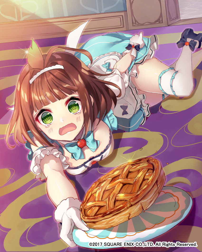 1girl :o ahoge bangs black_footwear blue_skirt blunt_bangs brown_hair chano_hinano character_request dated fallen_down food gloves green_eyes hair_ornament highres indoors looking_at_viewer lying medium_hair official_art on_stomach pie puffy_short_sleeves puffy_sleeves short_sleeves skirt skirt_hold tearing_up venus_rumble watermark white_gloves white_legwear