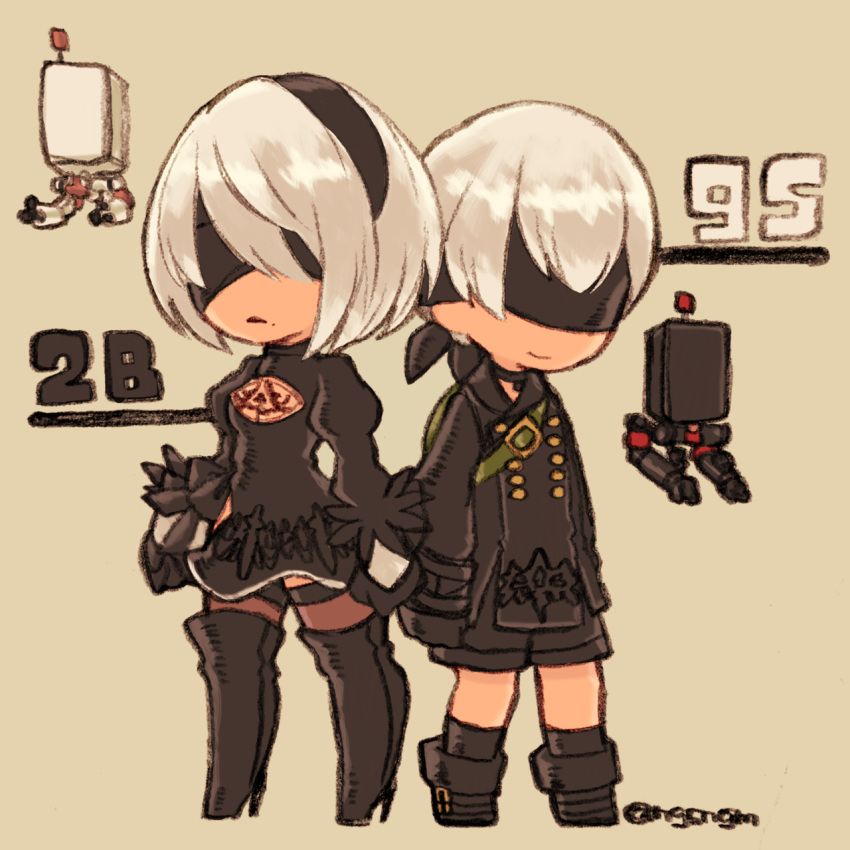 1boy 1girl bangs black_coat black_dress black_gloves black_hairband black_legwear black_shorts blindfold bob_cut buttons character_name chibi closed_mouth coat covered_eyes dress feather-trimmed_sleeves feather_trim frown full_body gloves hairband highres legs_apart mole mole_under_mouth nier_(series) nier_automata pod_(nier_automata) puffy_short_sleeves puffy_sleeves short_dress short_hair short_sleeves shorts silver_hair simple_background smile standing sunagimo_(nagimo) thigh-highs twitter_username yellow_background yorha_no._2_type_b yorha_no._9_type_s zettai_ryouiki