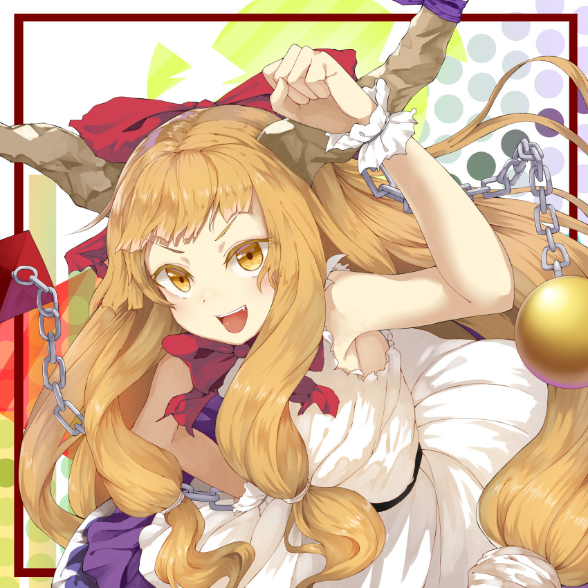 1girl abstract_background absurdres arm_above_head armpits bare_arms bow brown_border chains clenched_hand commentary_request cowboy_shot dress fang hair_bow hand_on_hip highres horn_ribbon horns ibuki_suika layered_dress leaning_forward long_hair looking_at_viewer low-tied_long_hair open_mouth orange_eyes orange_hair polka_dot polka_dot_background pyramid_(geometry) red_bow red_neckwear ribbon sidelocks sleeveless sleeveless_dress solo sphere touhou upper_teeth wrist_cuffs yamato_(muchuu_paradigm)