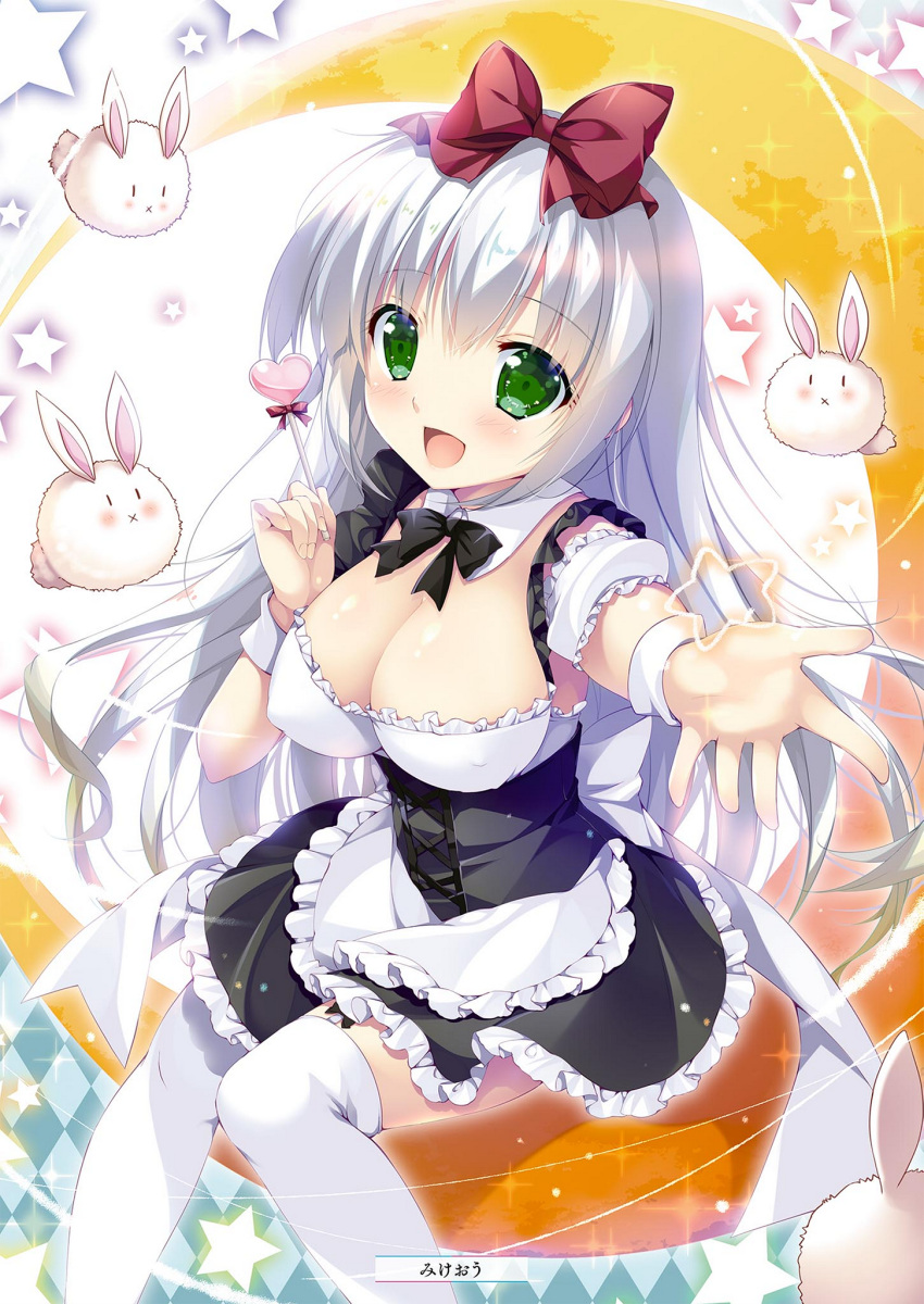 1girl :d alice_or_alice apron arm_strap artist_name black_bow black_neckwear black_skirt blush bow bowtie breasts choker cleavage corset crescent_moon eyebrows_visible_through_hair floating_hair frilled_apron frilled_skirt frills green_eyes hair_between_eyes hair_bow heart_lollipop highres holding_lollipop large_breasts long_hair mikeou miniskirt moon open_mouth outstretched_arm rabbit red_bow rise_(alice_or_alice) silver_hair sitting skirt smile solo thigh-highs very_long_hair white_apron white_legwear wrist_cuffs