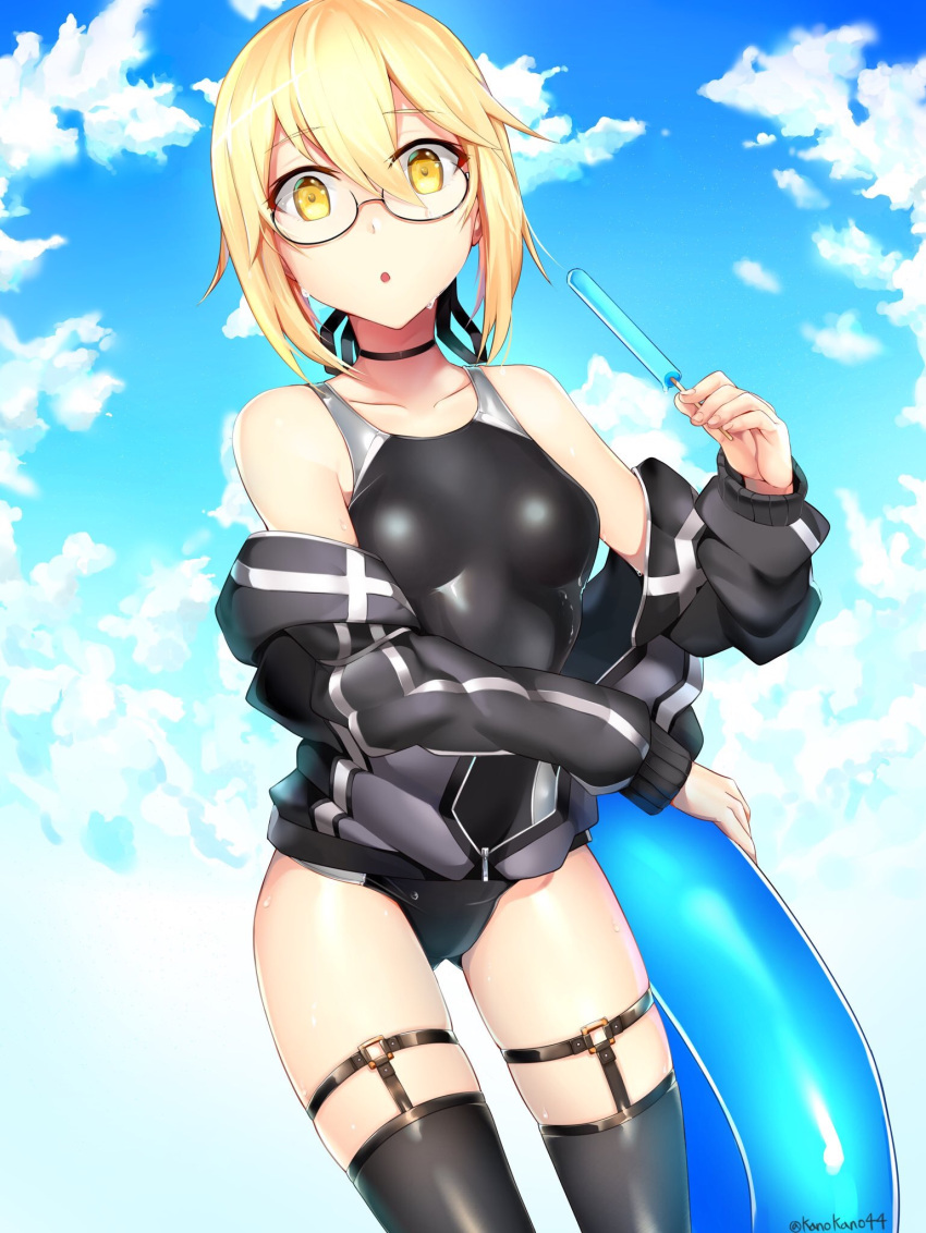1girl :o artoria_pendragon_(all) ass_visible_through_thighs black_legwear blonde_hair blue_sky breasts clouds cloudy_sky commentary_request cowboy_shot day fate/grand_order fate_(series) food garters glasses highres innertube jacket kano_(kanokano44) looking_at_viewer mysterious_heroine_x_(alter) off_shoulder one-piece_swimsuit popsicle sky small_breasts solo swimsuit thigh-highs track_jacket twitter_username wet yellow_eyes