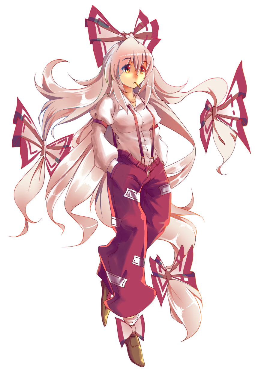 1girl absurdres bangs brown_footwear cigarette eyebrows_visible_through_hair fujiwara_no_mokou hair_ribbon hands_in_pockets highres imperishable_night long_hair majormilk pants red_pants ribbon shirt socks suspenders talisman touhou unbuttoned_pants white_background white_hair white_shirt yellow_eyes