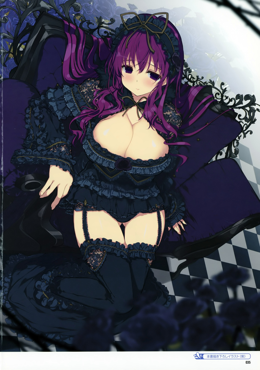 1girl absurdres bangs black_dress black_legwear black_panties blush breasts checkered checkered_floor cleavage closed_mouth detached_sleeves dress flower frills garter_straps headdress highres huge_filesize large_breasts long_hair long_sleeves murasaki_(senran_kagura) official_art page_number panties purple_hair scan senran_kagura senran_kagura_(series) senran_kagura_peach_beach_splash sitting solo underwear violet_eyes yaegashi_nan