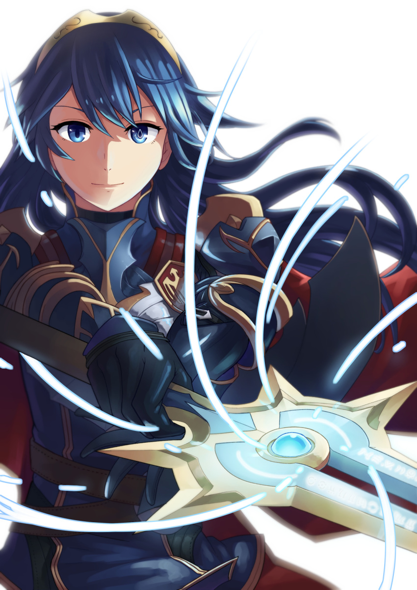 1girl armor blue_eyes blue_hair cape fire_emblem fire_emblem:_kakusei fire_emblem_heroes highres long_hair looking_at_viewer lucina polearm smile solo spear sumire_l.a. tiara weapon