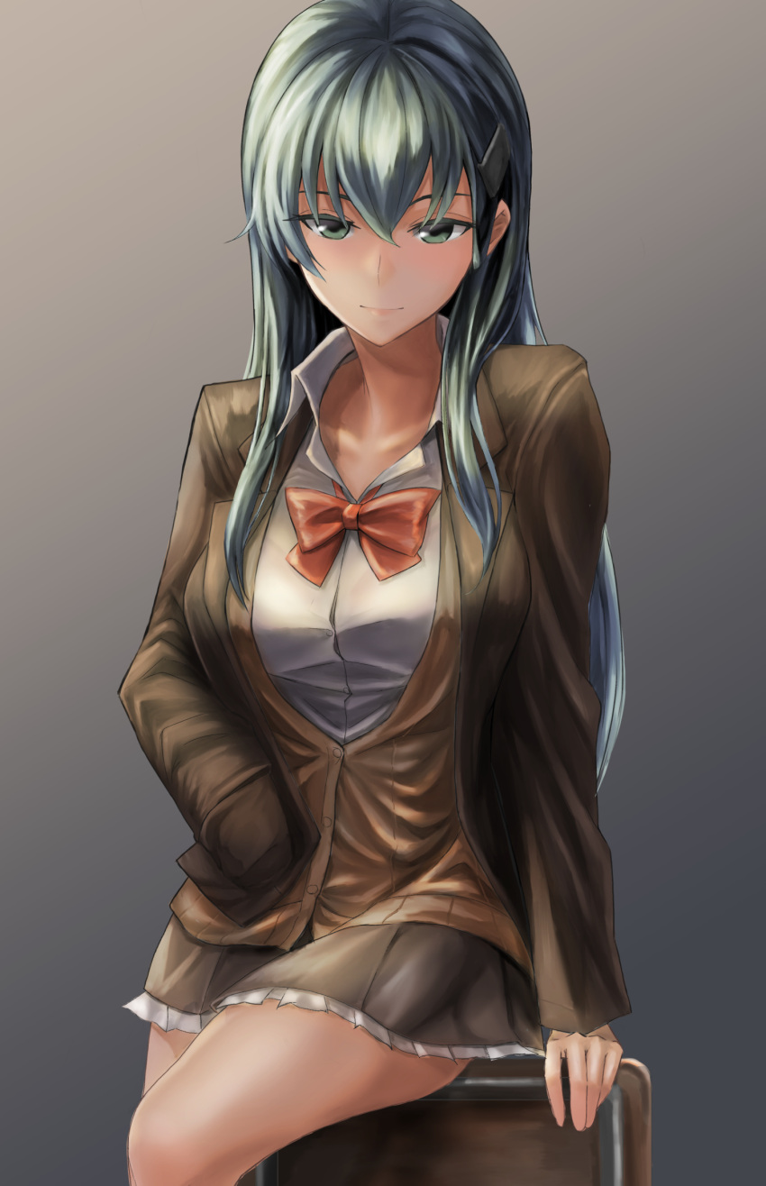 1girl aqua_hair arm_support blush breasts cardigan chair collarbone commentary cowboy_shot green_eyes green_hair hair_ornament hair_over_shoulder hairclip hand_in_pocket highres jacket kantai_collection kokuzoo large_breasts long_hair looking_at_viewer open_cardigan open_clothes pleated_skirt remodel_(kantai_collection) school_uniform sitting skirt smile solo suzuya_(kantai_collection) thigh-highs thighs vest
