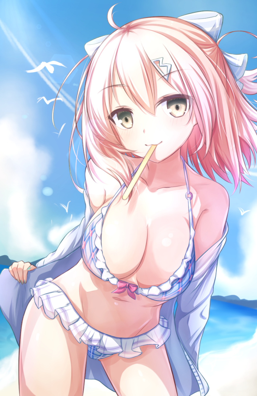 1girl ahoge beach bikini bird blue_sky bow breasts cleavage clouds cowboy_shot day fate/grand_order fate_(series) frilled_bikini frills hair_bow hair_ornament hairclip highres jiang_xin koha-ace large_breasts leaning_forward looking_at_viewer mouth_hold multicolored multicolored_bikini multicolored_clothes okita_souji_(fate) outdoors pink_hair plaid plaid_bikini popsicle_stick seagull sky solo swimsuit white_bow yellow_eyes
