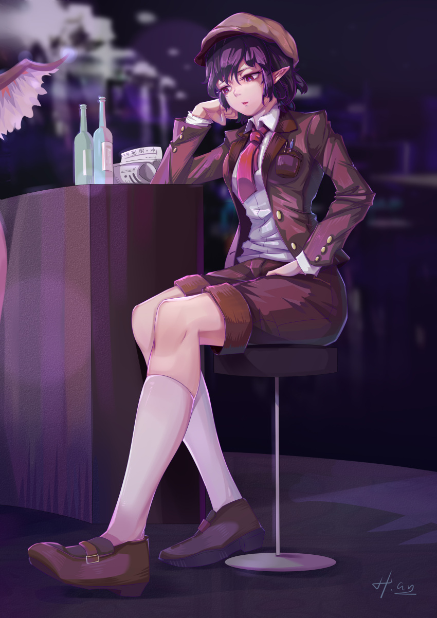 1girl absurdres bar bar_stool bird_wings blurry bottle brown_footwear clenched_hand counter depth_of_field elbow_rest flat_cap forbidden_scrollery h.an_(516635864) hair_between_eyes hand_on_lap hat head_rest highres indoors jacket kneehighs long_sleeves looking_down looking_to_the_side mystia_lorelei necktie newspaper open_clothes open_jacket out_of_frame parted_lips pen pointy_ears purple_hair red_eyes red_neckwear shadow shameimaru_aya shirt short_hair shorts signature sitting solo_focus stool touhou white_legwear white_shirt wings