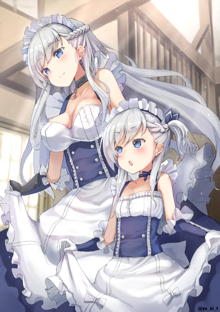 2girls apron azur_lane bangs belfast_(azur_lane) blue_eyes blush braid breasts chains choker cleavage closed_mouth collar collarbone corset day dress dress_lift dust_particles eyebrows_visible_through_hair french_braid frilled_gloves frilled_sleeves frills gauntlets gloves hair_between_eyes highres indoors large_breasts light_particles long_hair looking_at_viewer maid maid_headdress multiple_girls one_side_up open_mouth sidelocks silver_hair small_breasts smile sunlight white_gloves window younger yu_ni_t