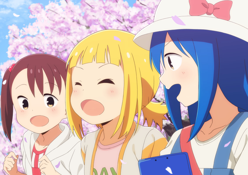 3girls :d akamatsu_yui bangs blonde_hair blue_hair blue_sky blush bow brown_eyes brown_hair closed_eyes clouds commentary_request day dbmaster eyebrows_visible_through_hair flower hair_bobbles hair_ornament hat hat_bow high_ponytail highres holding hood hood_down hoodie jacket kise_sacchan kotoha_(mitsuboshi_colors) long_hair low_ponytail mitsuboshi_colors multiple_girls open_clothes open_hoodie open_jacket open_mouth outdoors petals pink_bow pink_flower pink_shirt ponytail shirt side_ponytail sky smile white_hat white_hoodie white_jacket white_shirt