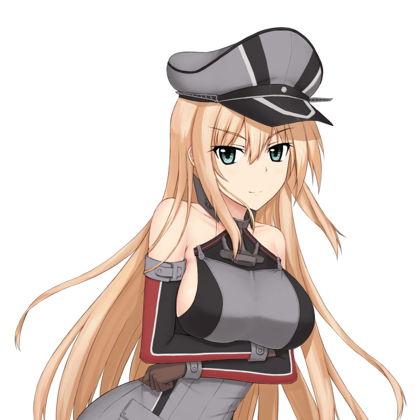 1girl anchor bare_shoulders bismarck_(kantai_collection) blonde_hair blush breasts brown_gloves closed_mouth collarbone eyebrows_visible_through_hair ghound gloves green_eyes grey_hat highres kantai_collection large_breasts long_hair sideboob smile solo upper_body