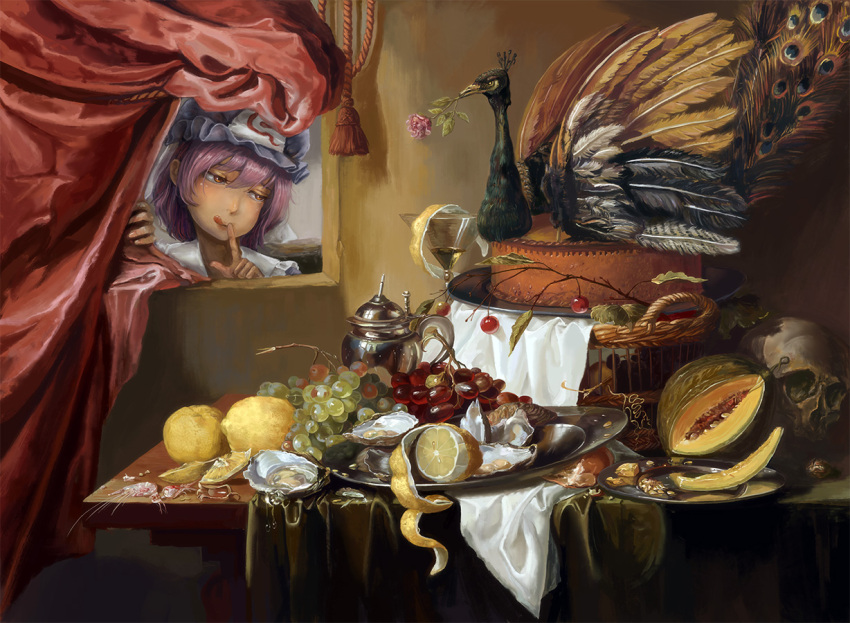 1girl :q amibazh basket bird commentary_request cup curtains drinking_glass fine_art_parody finger_to_mouth flower food fruit grapes hair_between_eyes half-closed_eyes hands_up hat indoors licking_lips oyster parody pheasant plate purple_hair red_eyes red_flower red_rose rose saigyouji_yuyuko short_hair shrimp skull solo table tablecloth tongue tongue_out touhou triangular_headpiece window