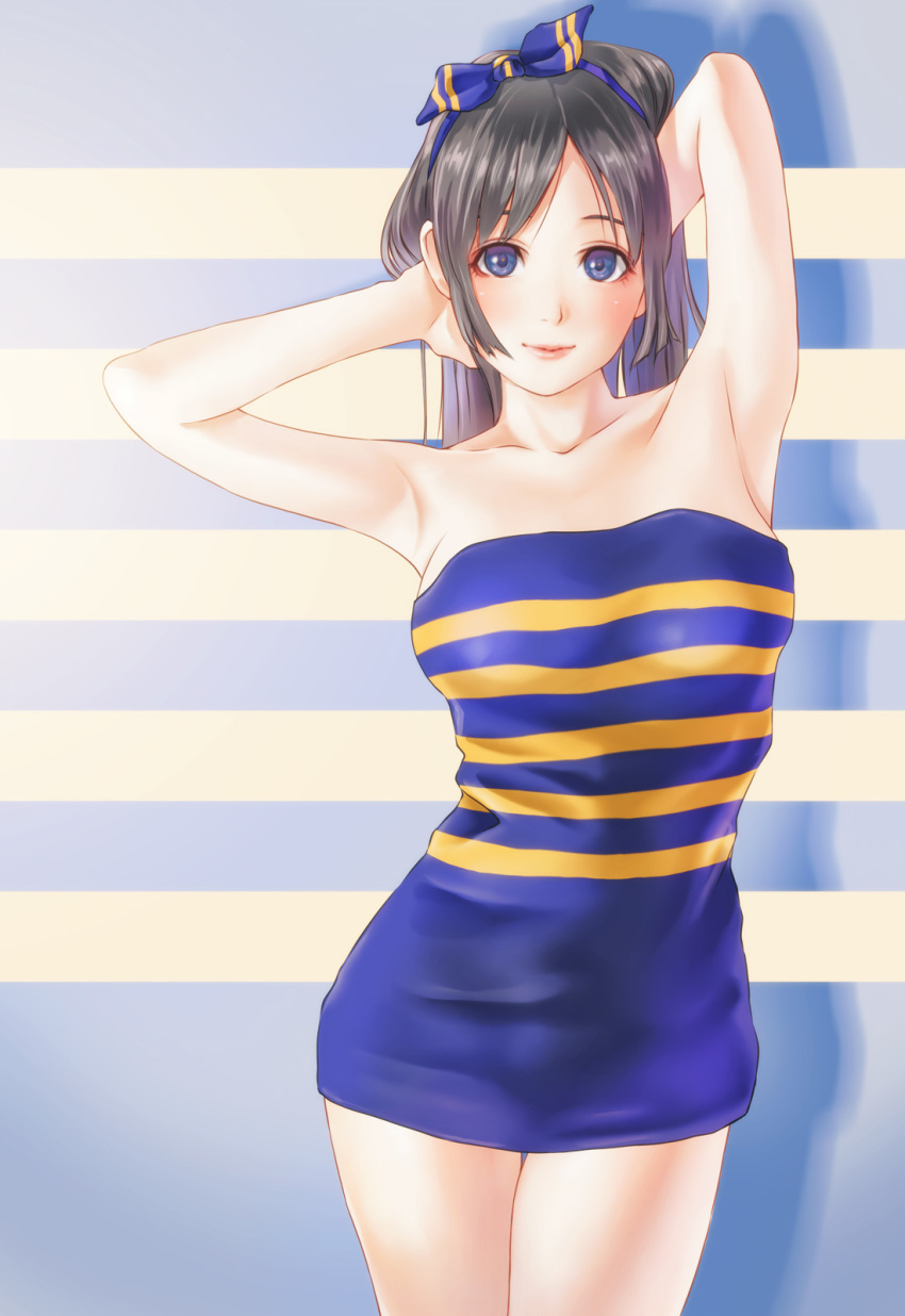 1girl armpits arms_behind_head arms_up bare_shoulders black_hair blue_background blue_dress blue_eyes blush bow breasts collarbone dress hair_bow hands_on_own_head highres kinoebi light_blush lips long_hair original personification strapless strapless_dress striped striped_background striped_dress tenga thigh_gap tube_dress yellow_background
