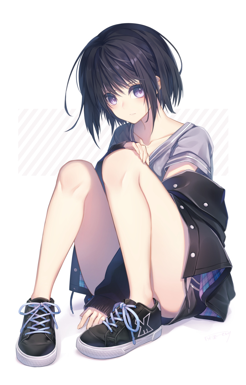 1girl absurdres bangs between_legs black_footwear black_hair black_shorts collarbone commentary_request full_body grey_shirt hair_between_eyes haizome_senri hand_on_own_knee highres laces legs long_sleeves looking_at_viewer no_socks off_shoulder original parted_lips shirt shoes short_hair short_sleeves shorts sitting sleeves_past_wrists sneakers solo violet_eyes white_background