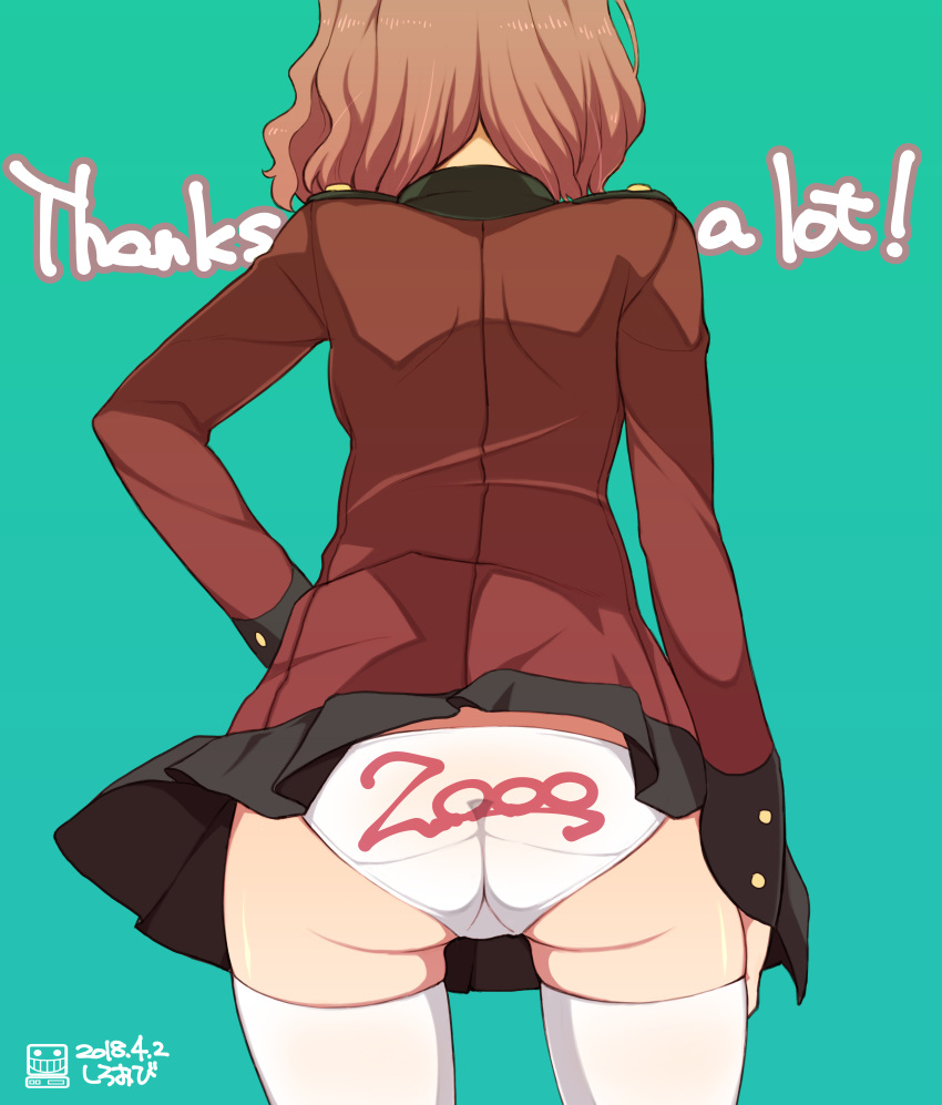 1girl absurdres artist_name back black_skirt clothes_writing commentary_request cowboy_shot crotch_seam dated english epaulettes followers from_behind girls_und_panzer green_background hand_on_hip highres jacket long_sleeves military military_uniform miniskirt number panties pleated_skirt print_panties red_jacket redhead rosehip short_hair signature simple_background skindentation skirt solo st._gloriana's_military_uniform standing thank_you thigh-highs trefoil underwear uniform wardrobe_malfunction watermark white_legwear white_panties whitebeltmaster