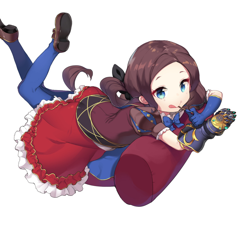 1girl :q ^_^ bangs black_bow blue_eyes blue_gloves blue_legwear blue_neckwear blush bow bowtie brown_footwear brown_hair brown_jacket child closed_eyes closed_mouth elbow_gloves fate/grand_order fate_(series) fingernails food gauntlets gloves hair_bow highres holding holding_food jacket jehyun legs_up leonardo_da_vinci_(fate/grand_order) long_hair long_sleeves lying on_stomach pantyhose parted_bangs petting pocky puffy_short_sleeves puffy_sleeves red_skirt shirt shoes short_sleeves sidelocks simple_background single_elbow_glove single_gauntlet skirt smile solo star tongue tongue_out very_long_hair white_background white_shirt younger