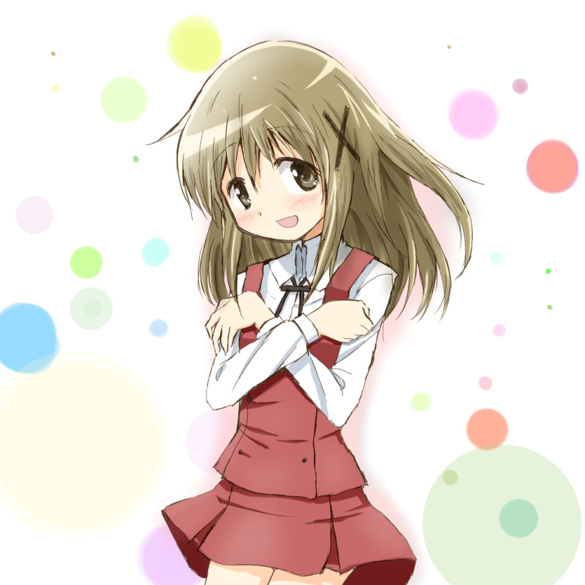 1girl :d alternate_hair_length alternate_hairstyle black_ribbon brown_eyes brown_hair cowboy_shot crossed_arms eyebrows_visible_through_hair hair_ornament hidamari_sketch kinfuji long_hair long_sleeves looking_at_viewer neck_ribbon open_mouth ribbon school_uniform shirt simple_background smile solo white_shirt x_hair_ornament yuno