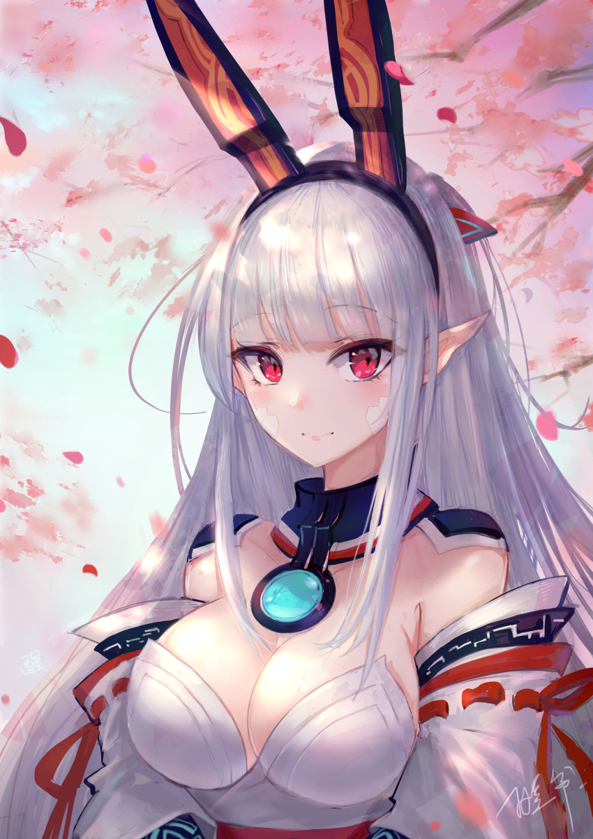 1girl absurdres aura_kingdom bare_shoulders blush breasts cherry_blossoms cleavage closed_mouth day highres large_breasts long_hair looking_at_viewer nontraditional_miko outdoors petals pointy_ears red_eyes ribbon-trimmed_sleeves ribbon_trim smile solo tamamo_no_mae_(aura_kingdom) tsurime upper_body white_hair xing