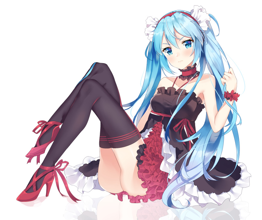 1girl 7th_dragon_(series) 7th_dragon_2020 absurdres black_legwear blue_eyes blue_hair bracelet choker collarbone dress full_body hair_between_eyes hairband hatsune_miku high_heels highres jewelry layered_dress long_hair looking_at_viewer pumps red_footwear red_hairband red_ribbon ribbon short_dress simple_background sitting sleeveless sleeveless_dress solo thigh-highs timins twintails very_long_hair vocaloid white_background