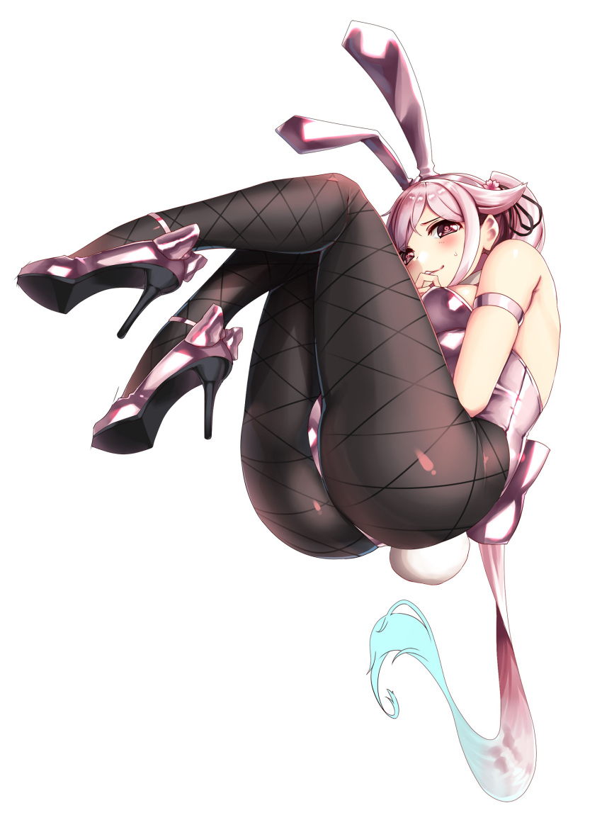 1girl absurdres alternate_costume animal_ears ass bare_shoulders blue_hair breasts bunny_girl bunny_tail bunnysuit fishnet_pantyhose fishnets gradient_hair hair_flaps harusame_(kantai_collection) hiememiko high_heels highres kantai_collection leotard medium_breasts multicolored_hair pantyhose pink_eyes pink_hair rabbit_ears remodel_(kantai_collection) side_ponytail simple_background tail