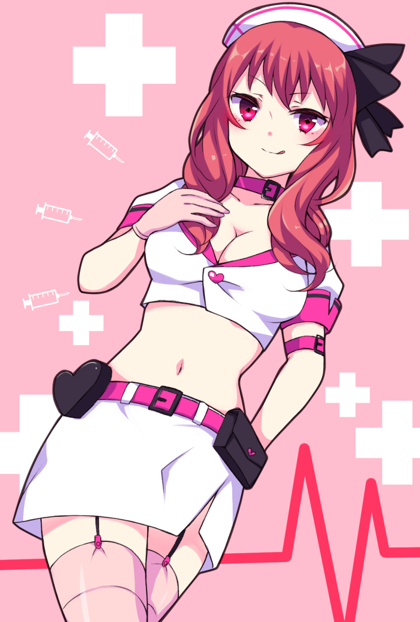 1girl arm_belt bag bangs belt_buckle black_bow bow breasts buckle cleavage collarbone crop_top cross eyebrows_visible_through_hair garter_straps gloves gucchiann hair_between_eyes hair_bow hand_up hat heart heart_monitor highres medium_breasts midriff nurse nurse_cap original pink_background pink_gloves pink_legwear puffy_short_sleeves puffy_sleeves purple_belt purple_collar redhead satchel shirt short_sleeves skirt solo syringe thigh-highs violet_eyes white_hat white_shirt white_skirt