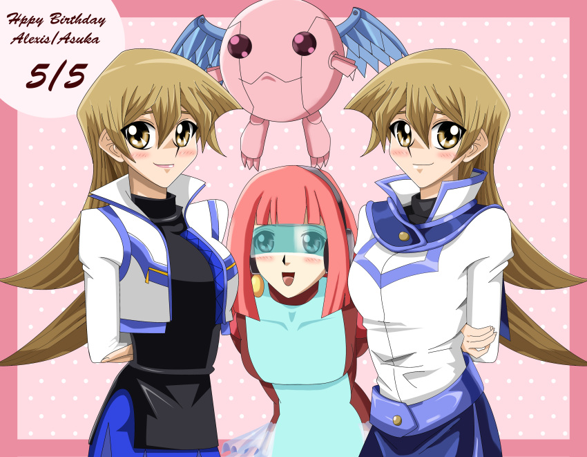 arms_behind_back arms_crossed blonde_hair blush cyber_petit_angel deviantart gold_eyes happy happy_birthday pink_background pink_hair selfmade sincity2100 smile tenjouin_asuka twins white_jacket yu-gi-oh! yuu-gi-ou_arc-v yuu-gi-ou_gx