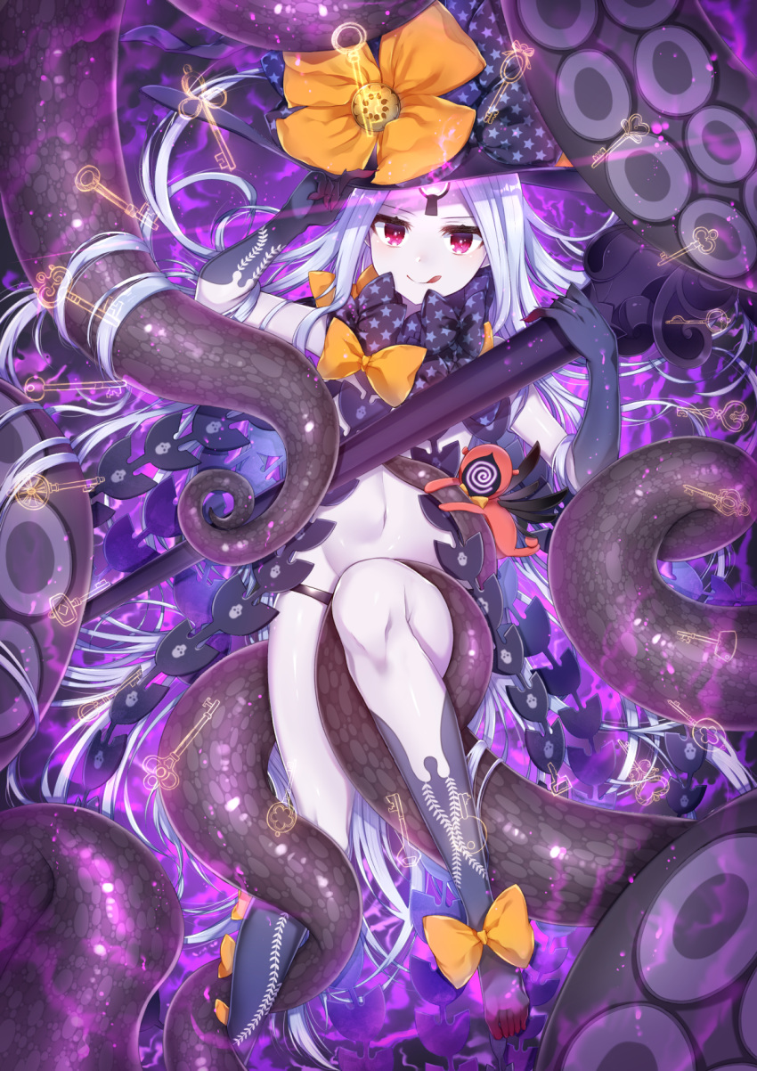 1girl abigail_williams_(fate/grand_order) akirannu bangs black_bow black_hat bow fate/grand_order fate_(series) hat highres key keyhole legs licking_lips long_hair looking_at_viewer navel orange_bow parted_bangs polka_dot polka_dot_bow red_eyes smile solo staff stuffed_animal stuffed_toy suction_cups tentacle thighs tongue tongue_out very_long_hair waist white_hair white_skin witch_hat