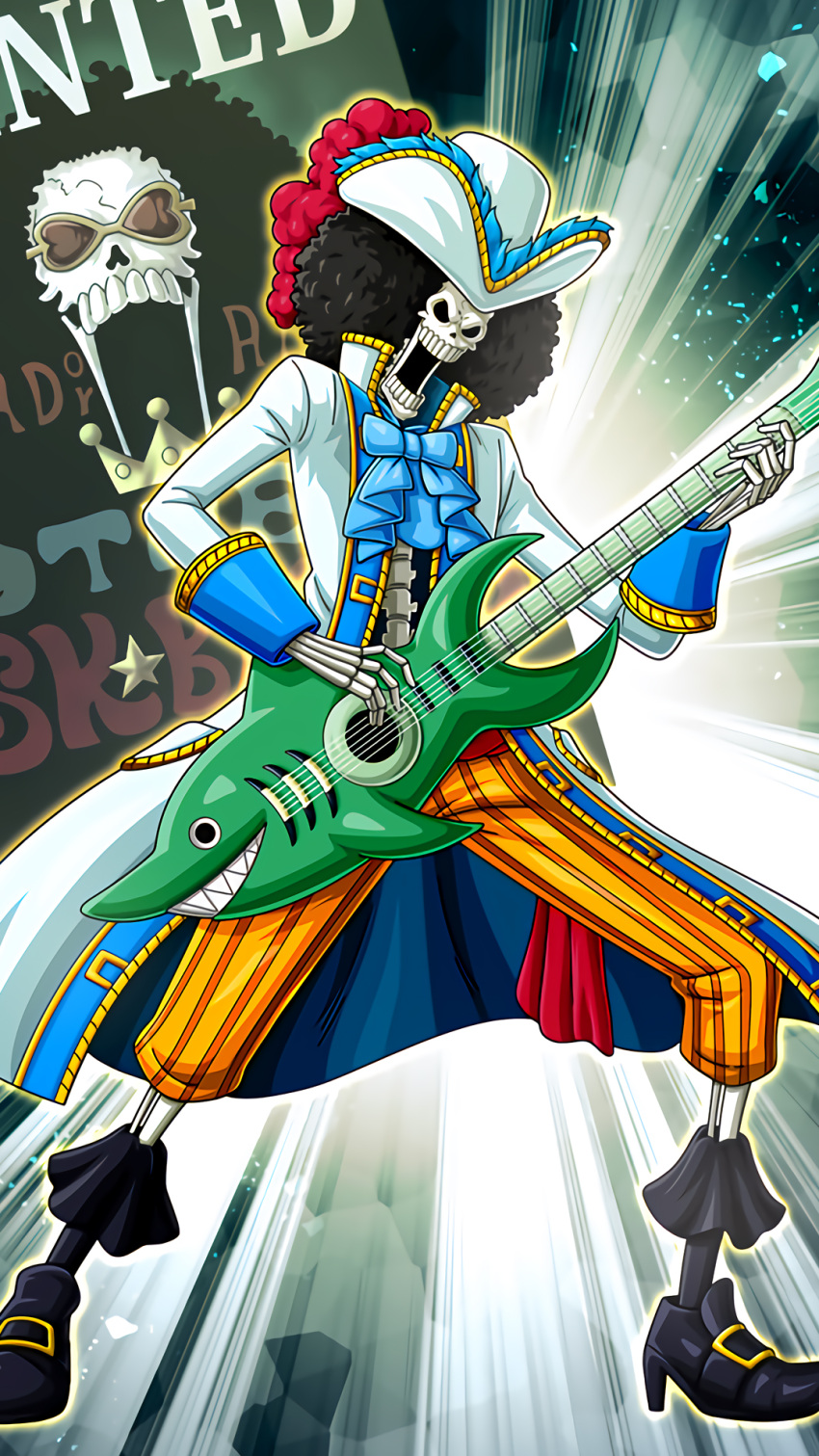 1boy afro black_footwear black_hair black_legwear blue_bow blue_neckwear bow bowtie brook guitar hair_ornament hat high_heels highres holding holding_instrument instrument one_piece open_mouth pants skeleton solo standing striped sunglasses vertical-striped_pants vertical_stripes white_hat yellow_pants