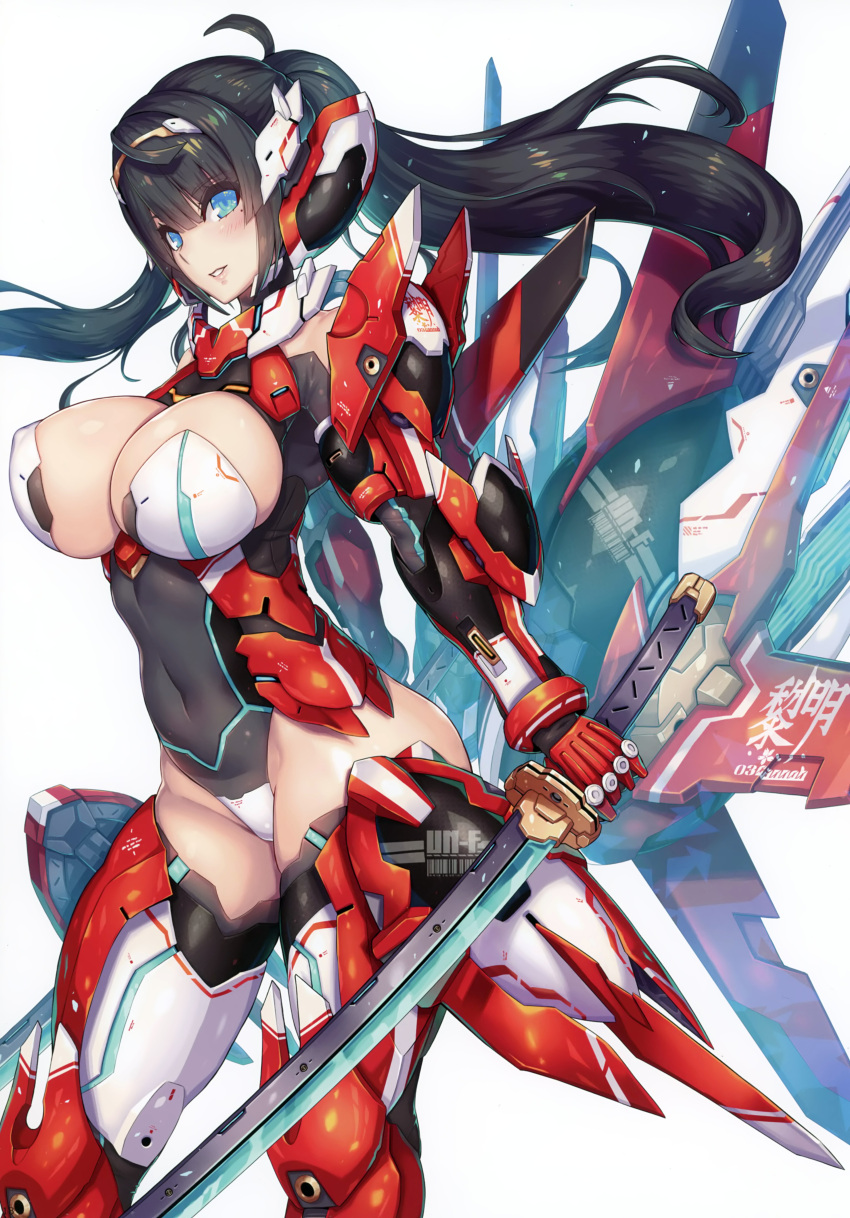 1girl 2d absurdres armor bangs black_hair blue_eyes blush breasts cleavage covered_navel elbow_gloves eyebrows_visible_through_hair gloves headgear highres holding holding_sword holding_weapon huge_filesize large_breasts leotard long_hair looking_at_viewer mole mole_under_eye original parted_lips ponytail scan shiny shiny_skin simple_background smile solo sword thigh-highs weapon white_background