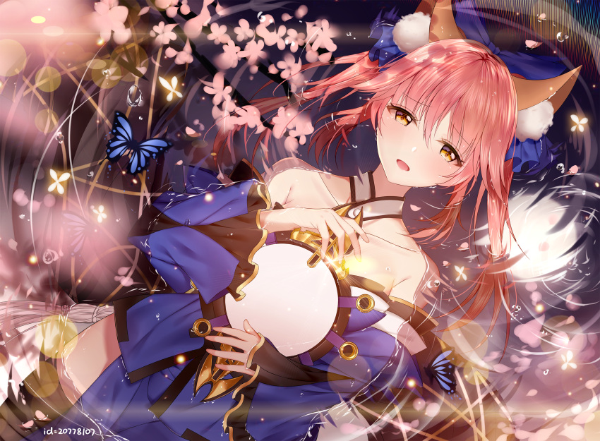 1girl :d animal animal_ears bangs bare_shoulders blue_bow blue_kimono blush bow brown_eyes bug butterfly collarbone commentary_request detached_sleeves dutch_angle eyebrows_visible_through_hair fate/extra fate_(series) fox_ears hair_between_eyes hair_bow highres holding insect japanese_clothes junpaku_karen kimono long_hair long_sleeves open_mouth partially_submerged pink_hair sleeves_past_wrists smile solo strapless tamamo_(fate)_(all) tamamo_no_mae_(fate) twintails water wide_sleeves