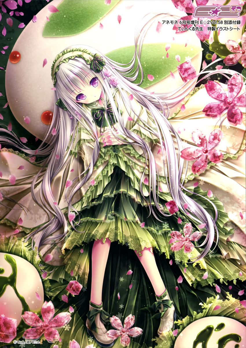 1girl absurdres bangs black_ribbon blunt_bangs dress egg floating_hair flower green_dress green_ribbon grey_footwear hairband hands_clasped highres layered_dress lolita_fashion lolita_hairband long_dress long_hair neck_ribbon original own_hands_together pink_flower ribbon silver_hair solo tinker_bell very_long_hair violet_eyes