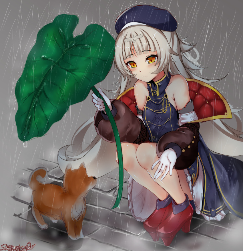 1girl azur_lane bangs bare_shoulders beret blue_dress blue_hat blue_jacket blunt_bangs brown_eyes commentary_request dog dress eyebrows_visible_through_hair gloves hair_ornament hat highres holding jacket leaf_umbrella long_hair long_sleeves outdoors platform_footwear platform_heels puffy_long_sleeves puffy_sleeves rain red_footwear sazamiso_rx signature silver_hair sketch sleeveless sleeveless_dress solo squatting very_long_hair white_gloves z46_(azur_lane)