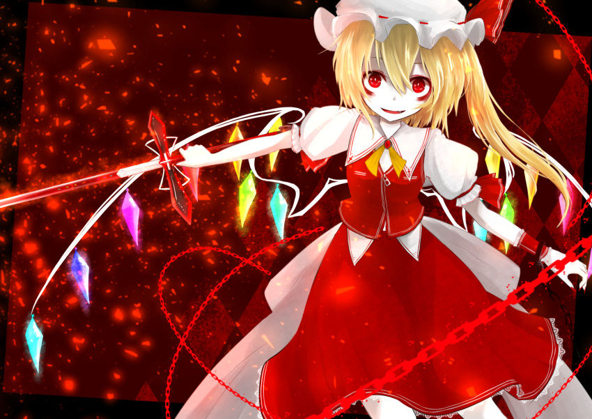 1girl aizettonagi alternate_weapon blonde_hair bracelet chains dress fang flandre_scarlet highres holding holding_weapon jewelry looking_at_viewer outstretched_arm puffy_short_sleeves puffy_sleeves red_background red_dress red_eyes short_hair short_sleeves smile touhou weapon wings