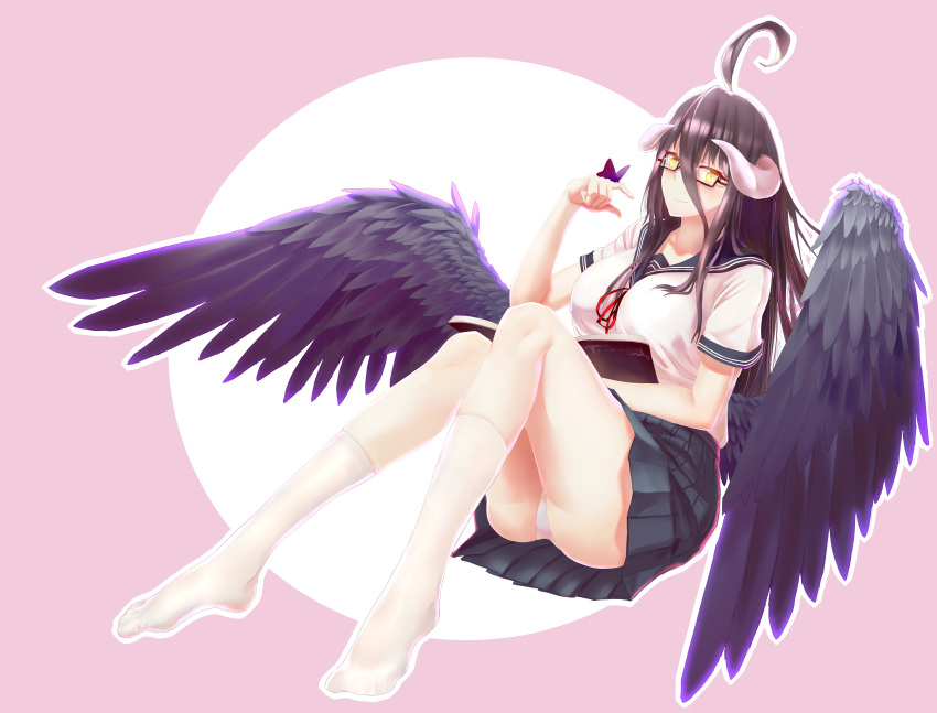 1girl absurdres ahoge albedo alternate_costume bangs black_hair black_wings book breasts bug butterfly butterfly_on_hand demon_girl demon_horns demon_wings deoxysilicic_acid feathered_wings feathers glasses hair_between_eyes highres horns insect large_breasts long_hair low_wings neckerchief open_book overlord_(maruyama) panties pleated_skirt reading red_ribbon ribbon sailor_collar school_uniform serafuku shirt short_sleeves sitting skirt slit_pupils underwear white_legwear white_panties white_shirt wings yellow_eyes