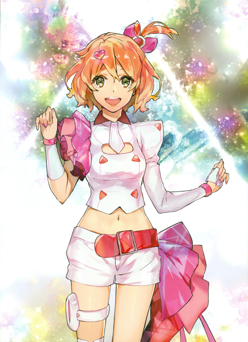 1girl :d absurdres asymmetrical_legwear asymmetrical_sleeves bangs belt brown_hair cleavage_cutout cowboy_shot eyebrows_visible_through_hair fingerless_gloves freyja_wion gloves green_eyes hair_between_eyes hair_ornament half_gloves highres macross macross_delta midriff mita_chisato nail_polish navel necktie one_side_up open_mouth pink_nails short_hair short_necktie short_shorts shorts smile solo standing stomach thigh-highs thigh_strap white_gloves white_legwear white_neckwear white_shorts