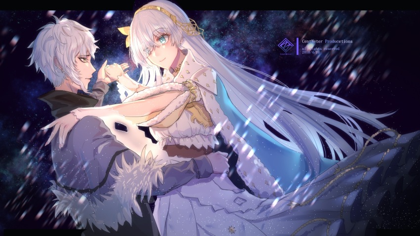 1boy 1girl anastasia_(fate/grand_order) blue_cape blue_eyes cape capelet cm_(pixiv4946055) dancing dress eye_contact eyebrows_visible_through_hair eyes_visible_through_hair fate/grand_order fate_(series) floating_hair fur_trim hair_between_eyes hair_over_one_eye hand_holding hand_on_another's_hip highres kadoc_zemlupus long_hair looking_at_another silver_hair smile snowing very_long_hair white_dress yellow_hairband