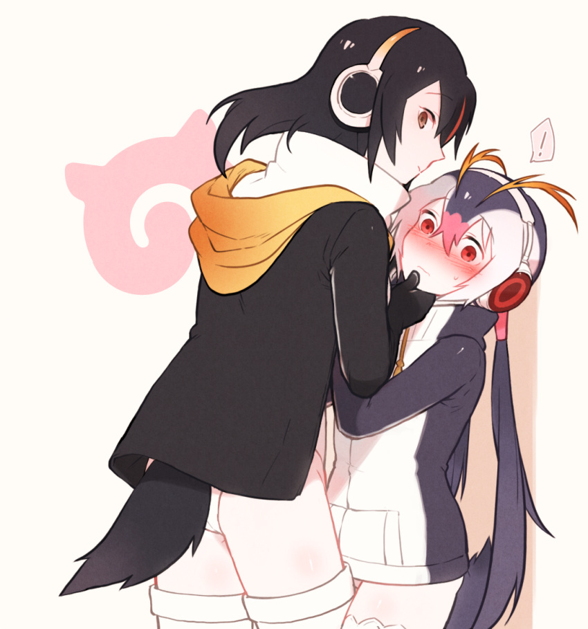 ! 2girls black_hair blonde_hair blush commentary_request emperor_penguin_(kemono_friends) eyebrows_visible_through_hair hand_on_another's_face headphones height_difference hood hoodie japari_symbol kemono_friends leotard long_hair long_sleeves multicolored_hair multiple_girls nose_blush penguin_tail pink_hair royal_penguin_(kemono_friends) seto_(harunadragon) tail thigh-highs twintails yuri