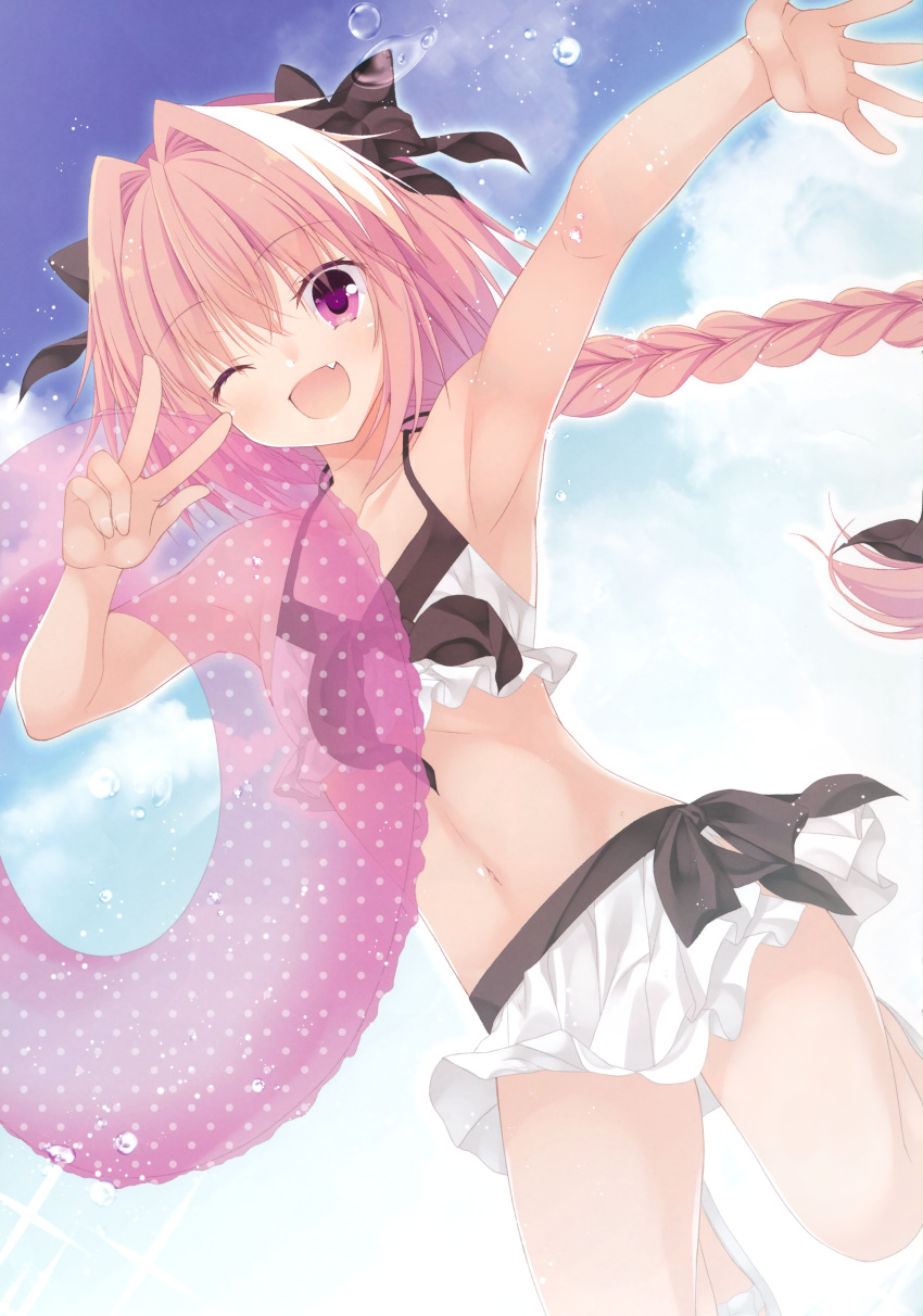 1boy ;d absurdres androgynous armpits astolfo_(fate) bangs bikini bikini_skirt black_bow blue_sky blunt_bangs bow braid clouds cowboy_shot crossdressinging day dutch_angle eyebrows_visible_through_hair fate/grand_order fate_(series) hair_between_eyes hair_bow hazumi_rio highres holding innertube long_hair miniskirt one_eye_closed open_mouth otoko_no_ko outdoors outstretched_arm pink_hair pleated_skirt polka_dot ponytail single_braid skirt sky smile solo transparent trap very_long_hair violet_eyes w white_bikini_top white_skirt