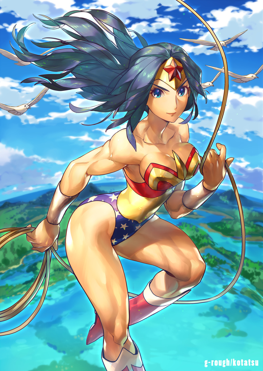1girl bare_shoulders bird black_hair boots bracer breasts cleavage clouds collarbone dc_comics eyebrows_visible_through_hair flying highres kotatsu_(g-rough) lasso leotard long_hair looking_at_viewer midair muscle muscular_female smile solo strapless strapless_leotard superhero thick_thighs thighs tiara wonder_woman wonder_woman_(series)