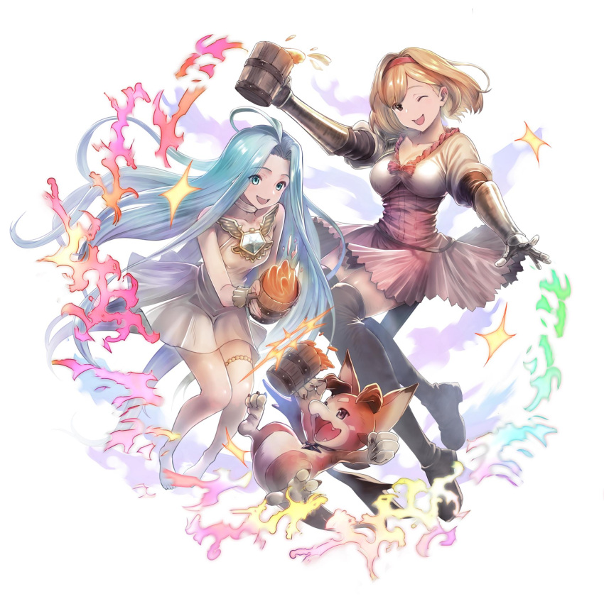 2girls :d ;d ahoge alcohol animal beer beer_mug black_footwear blonde_hair blue_eyes blue_hair boots breasts brown_eyes choker cleavage collarbone djeeta_(granblue_fantasy) dress floating_hair gauntlets granblue_fantasy hairband high-waist_skirt highres holding kujuu_shikuro long_hair lyria_(granblue_fantasy) medium_breasts miniskirt multiple_girls one_eye_closed open_mouth outstretched_arms pink_skirt pleated_skirt red_hairband short_dress short_hair simple_background skirt sleeveless sleeveless_dress smile thigh-highs thigh_boots thigh_strap vee_(granblue_fantasy) very_long_hair white_background white_dress