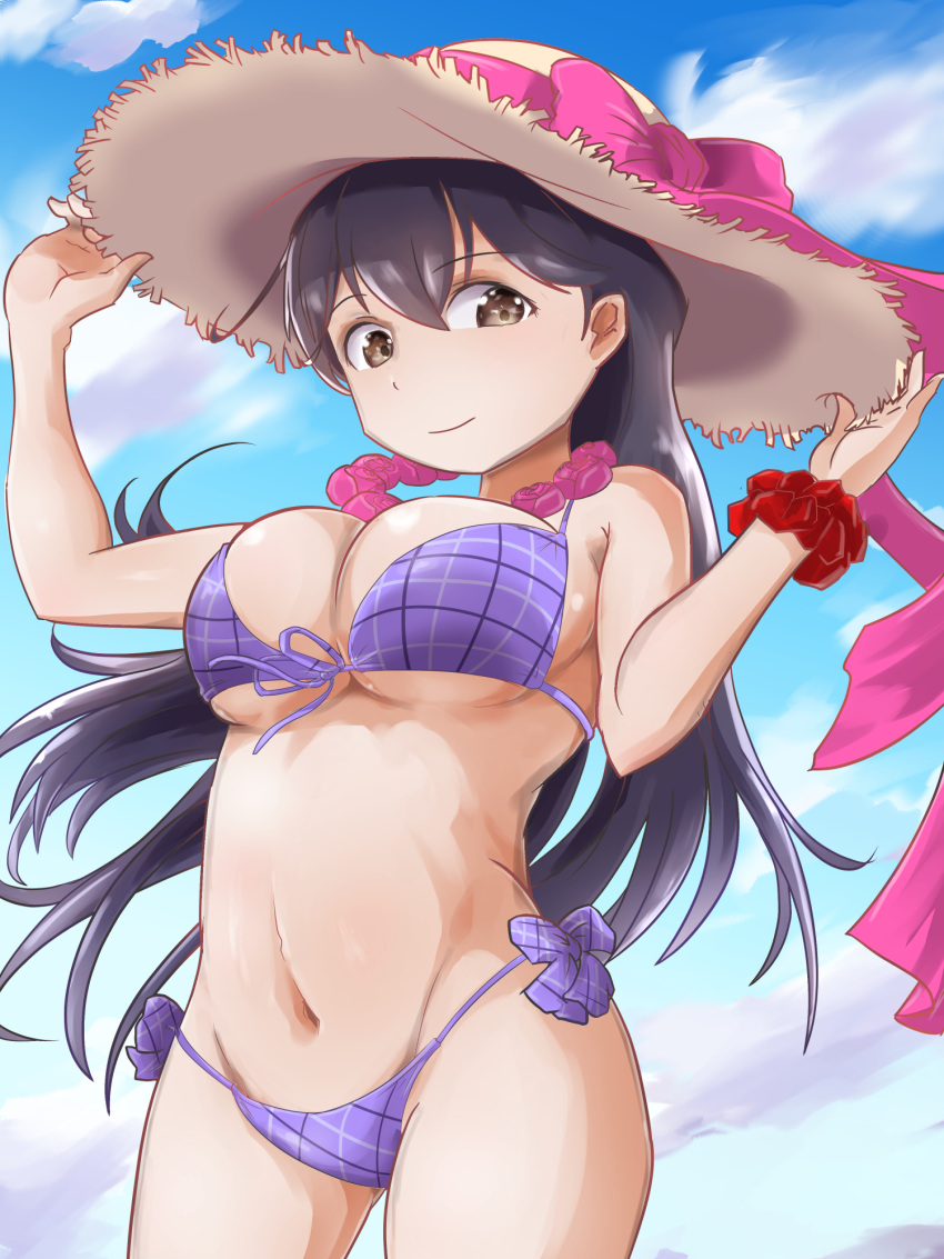 1girl bikini black_hair blue_sky breasts brown_eyes cosplay cygnet_(azur_lane) cygnet_(azur_lane)_(cosplay) front-tie_bikini front-tie_top hat highres hiiro_(atlas) kantai_collection large_breasts lei long_hair nvale plaid plaid_bikini side-tie_bikini sky solo straw_hat swimsuit ushio_(kantai_collection)