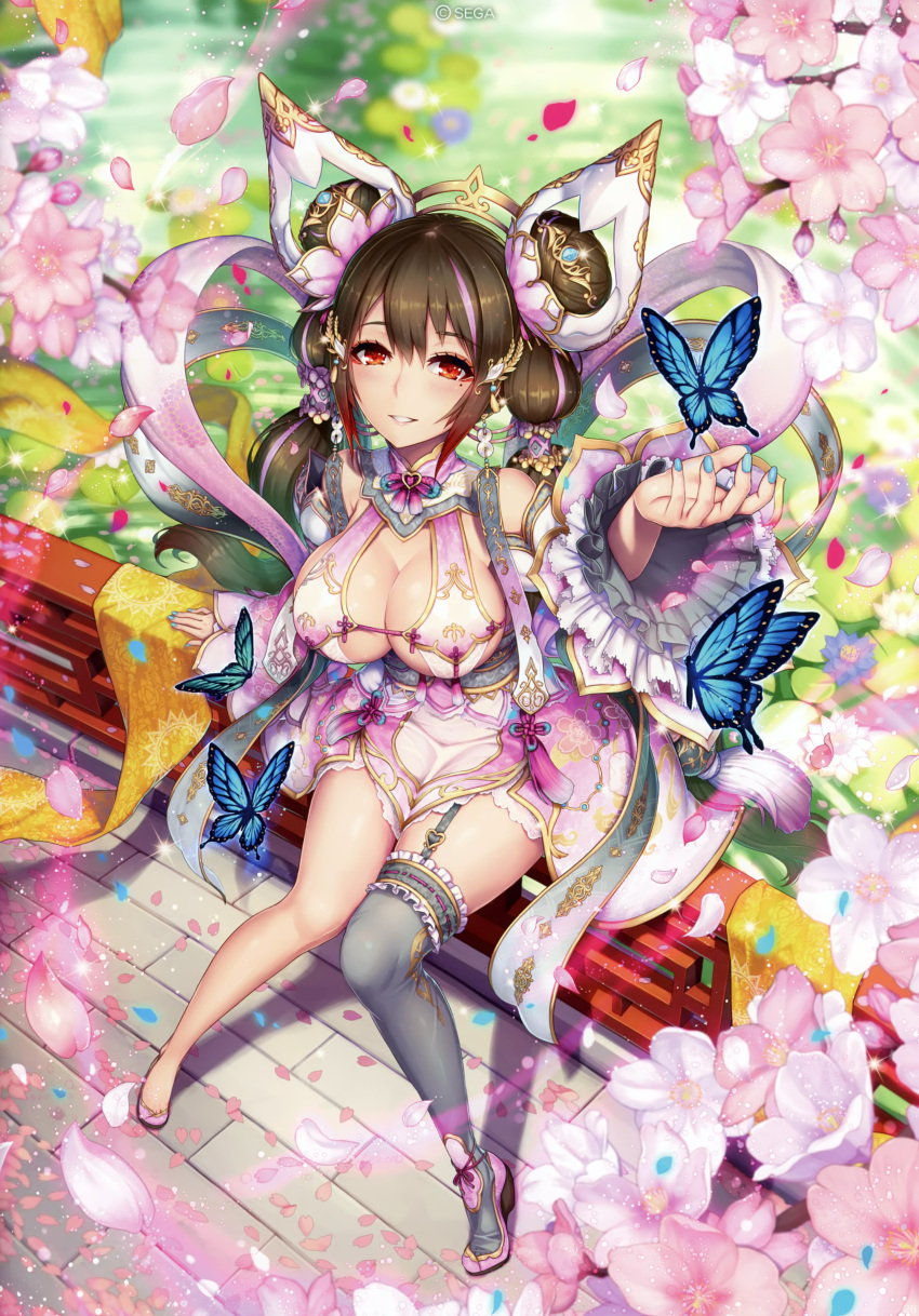 1girl 2d absurdres asymmetrical_legwear bangs bare_shoulders blurry blurry_background blush breasts brown_eyes brown_hair bug butterfly chinese_clothes cleavage copyright_name day detached_sleeves dress eyebrows_visible_through_hair fingernails floral_print flower full_body garter_straps hair_ornament highres huge_filesize insect large_breasts long_hair looking_at_viewer mole mole_under_eye multicolored_hair nail_polish outdoors parted_lips petals pink_hair scan shiny shiny_skin short_dress sitting sleeveless smile sparkle tied_hair twintails