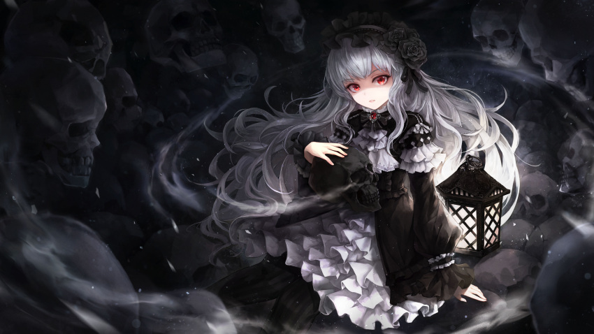 1girl absurdres bangs black_dress black_flower black_legwear black_rose commentary crystalherb dress english_commentary eyebrows_visible_through_hair flower frilled_dress frilled_sleeves frills gem gothic_lolita graveyard hair_flower hair_ornament hairband head_tilt highres holding holding_skull lantern lolita_fashion lolita_hairband long_hair long_sleeves looking_at_viewer original pantyhose parted_lips red_eyes rose shaded_face silver_hair sitting skull solo striped striped_legwear vertical-striped_legwear vertical_stripes