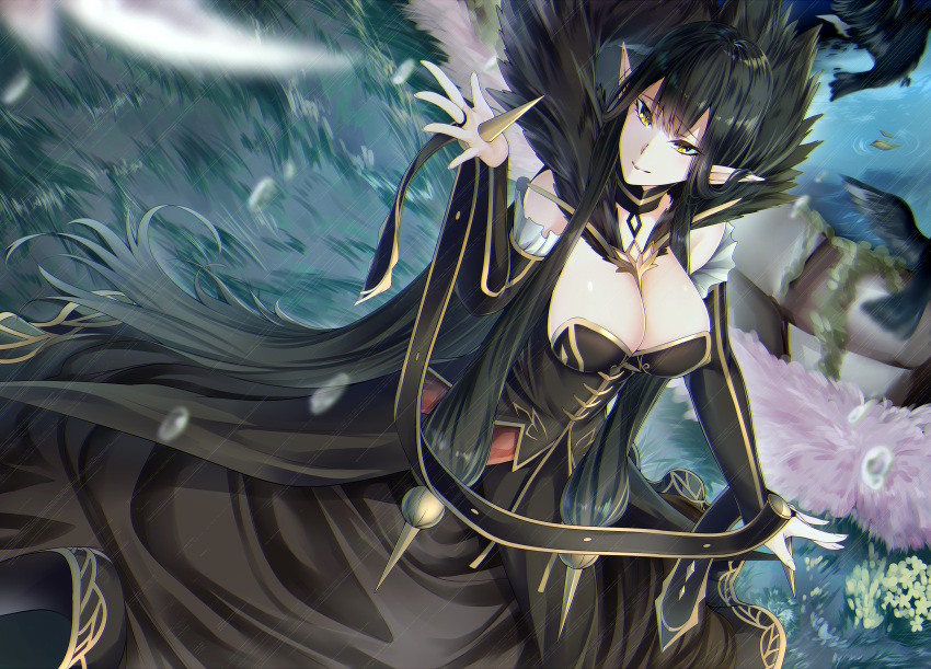 1girl bird black_dress black_hair breasts bridal_gauntlets cleavage commentary_request detached_collar detached_sleeves dress fate/apocrypha fate/grand_order fate_(series) flowing_dress frills fur_trim grass highres jewelry large_breasts leaf long_dress long_hair long_skirt necklace outdoors outstretched_arm outstretched_hand pointy_ears rain reaching_out semiramis_(fate) skirt spikes very_long_hair water water_drop wind yellow_eyes yuu-kun_(linke_hand)