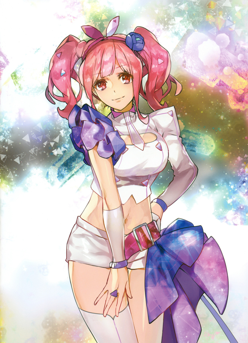 1girl absurdres asymmetrical_legwear asymmetrical_sleeves bangs blue_flower bracelet breasts cleavage_cutout cowboy_shot eyebrows_visible_through_hair flower hair_flower hair_ornament hairband hand_on_hip highres jewelry large_breasts long_hair looking_at_viewer macross macross_delta makina_nakajima midriff mita_chisato navel necktie pink_hair purple_hairband red_eyes ring shiny shiny_skin short_necktie short_shorts shorts smile solo standing stomach thigh-highs twintails white_legwear white_neckwear white_shorts