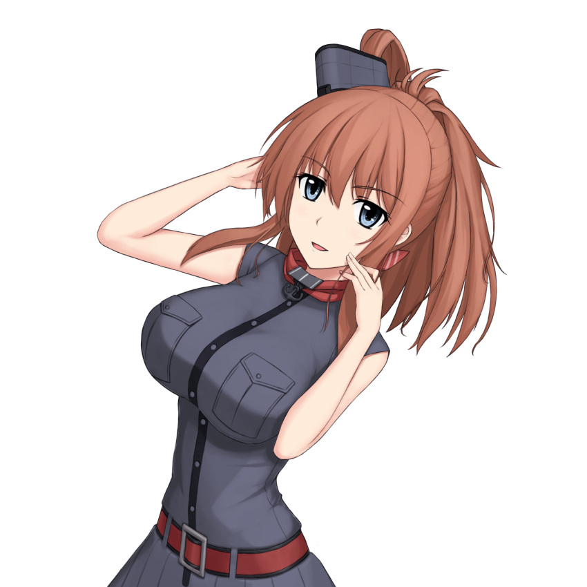 1girl anchor belt blue_eyes blue_skirt blush breast_pocket breasts brown_hair eyebrows_visible_through_hair ghound highres kantai_collection large_breasts looking_at_viewer medium_hair parted_lips pocket ponytail saratoga_(kantai_collection) simple_background skirt smile solo upper_body white_background