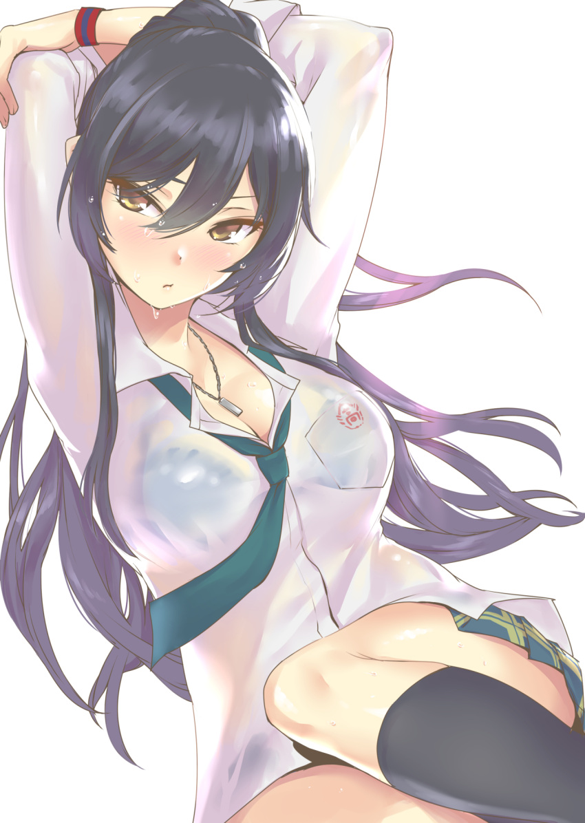 1girl arms_behind_head arms_up black_hair black_legwear blush bra breasts closed_mouth collared_shirt commentary_request hair_between_eyes highres idolmaster idolmaster_shiny_colors jewelry kneehighs long_hair medium_breasts miniskirt necklace necktie nukkoru pleated_skirt see-through shirase_sakuya shirt simple_background skirt solo thighs underwear very_long_hair wet wet_clothes white_background white_shirt wristband yellow_eyes