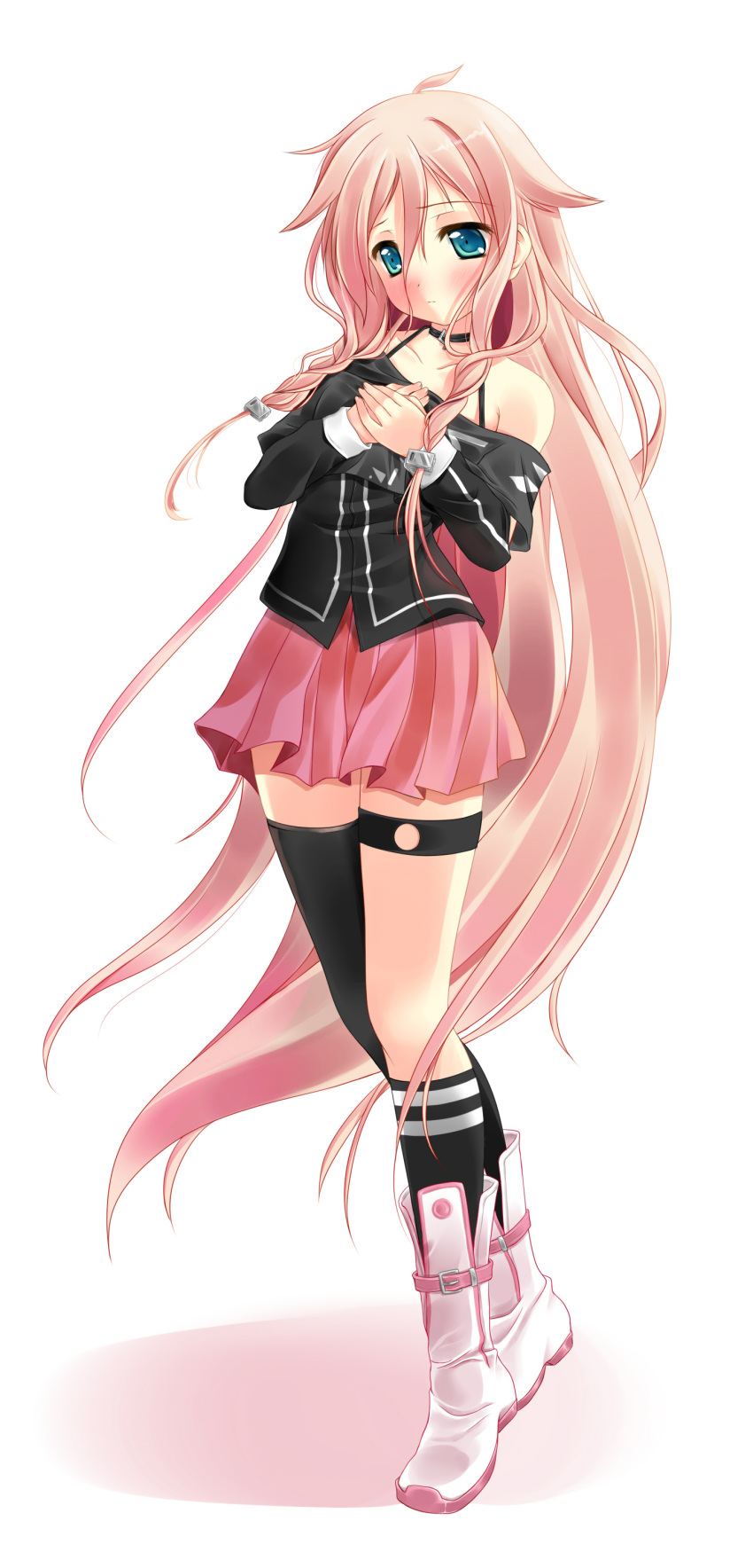 1girl absurdly_long_hair absurdres bare_shoulders black_legwear blush boots breasts choker closed_mouth collarbone eyebrows_visible_through_hair full_body green_eyes hands_on_own_chest highres ia_(vocaloid) ifnil kneehighs large_breasts long_hair looking_away pink_hair pink_skirt skirt solo thigh-highs very_long_hair vocaloid white_footwear